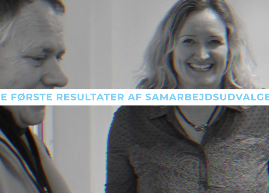 En mand og en kvinde fra virksomheden GSV smiler, men en tekst ind over billedet hvor der står første resultater af en samarbejdsudvalg